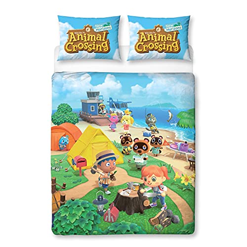 Animal Crossing Funda de edredón doble oficial | Diseño reversible de playa de dos caras | Ropa de cama divertida de polialgodón con funda de almohada a juego, multicolor, 200 x 135 cm (edredón doble)