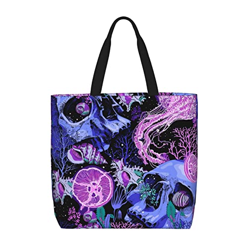 SJOAOAA Bolsa de lona para mujer, bolsas de comestibles reutilizables con bolsillos, bolsas de viaje para el trabajo, viajes y compras, Calavera mágica, Talla única