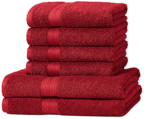 Amazon Basics - Juego de toallas (colores resistentes, 2 toallas de baño y 4 toallas de manos), color rojo