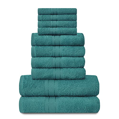 Lions Towels 544760 - Juego de 10 piezas 100% algodón egipcio, 4 caras, 4 manos, 2 toallas de baño, accesorios de baño altamente absorbentes de agua, lavables a máquina, verde azulado, 544760