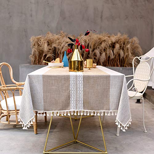 SUNBEAUTY Mantel Mesa Rectangular Tela Algodon Lino con Borlas Mantel Elegante Antimanchas 140x180 cm Table Cloth Rectangle para Mesa de Comedor de Cocina