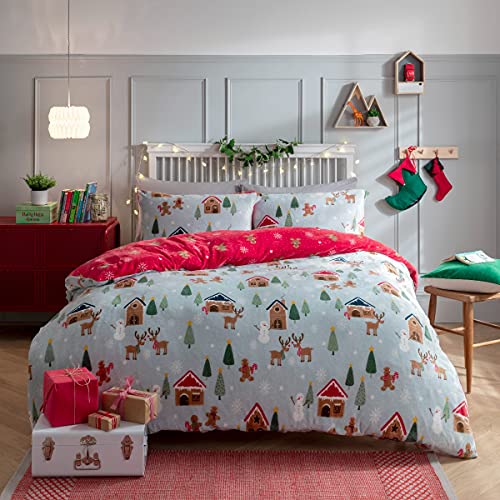 Sleepdown Christmas Scandi - Juego de Funda de edredón con Funda de Almohada, Reversible, Color Gris, Rojo, cálido, súper Suave, con Funda de Almohada, 135 x 200 cm