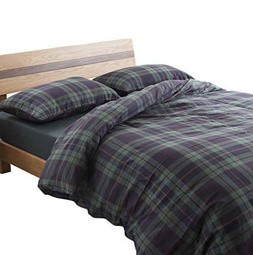 Icegrey Juego de ropa de cama de 4 piezas, algodón, diseño de cuadros escoceses, color verde claro, funda nórdica de 200 x 230 cm + funda de almohada de 48 x 74 cm + sábana bajera de 230 x 250 cm