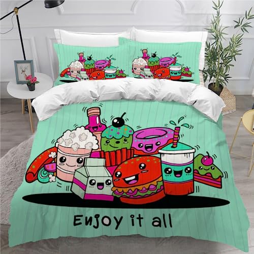 Juego de Ropa de Cama 150 3 Piezas Juego de Fibra de Poliéster Graffiti 1 Funda nórdica de 200x200 con Cremallera 2 Fundas de Almohada de 50x75 Linda Comida rapida 3D Juego de Cama Microfibra