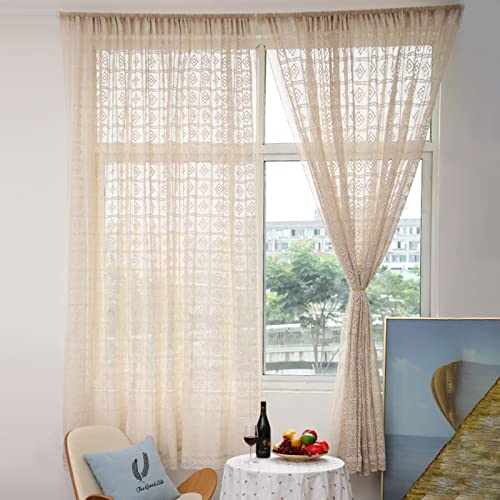 Yizunnu Cortina de algodón vintage beige para ventana, estilo bohemio, chic, tejida a mano, para dormitorio, sala de estar (100 cm x 180 cm (ancho x largo)