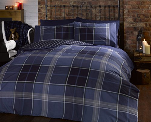 Juego de cama reversible Argyle con funda de edredón y funda de almohada para cama individual, diseño de cuadros escoceses, color azul
