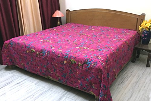Stylo cultura colcha cama doble tamaño algodón pájaro impresión Magenta Kantha Edredón Queen