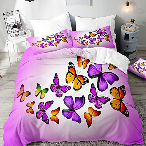 Fansu Elegante Juego De Ropa De Cama 3D, Microfibra Funda De Edredón con Cremallera, Funda Nórdica Funda De Almohada, Cama 90/135/150 (Mariposa Violeta Naranja,150x200cm(3pcs))