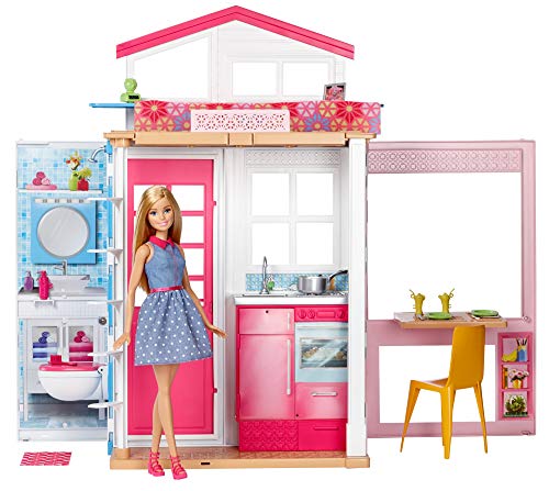 Barbie - Casa dos pisos plegable, casa con muñeca y accesorios (Mattel GXC00), Exclusivo en Amazon