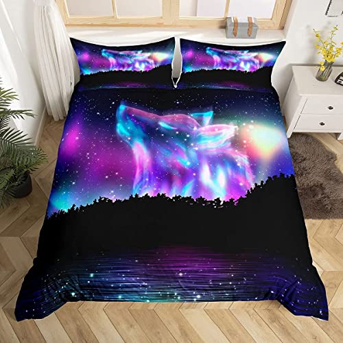 Loussiesd Juego de ropa de cama de Nordlicht con diseño de galaxia lobo, multicolor, 135 x 200 cm, para niños y adolescentes, cielo estrellado, Aurora, funda nórdica de 2 piezas