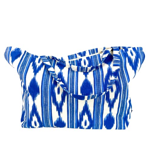 TRESMESTRES Bolso de Playa para Mujer - Tote Bag en Tela Ideal para el Verano - Bolsa para Playa Grande XXL Familiar/Enorme/Gran Capacidad - Estilo Mediterráneo - Azul, 65 x 40 cm