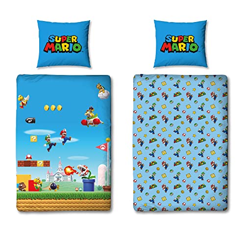 Super Mario - Juego de ropa de cama para niños (135 x 200 cm, 80 x 80 cm, 100% algodón, calidad de linón), diseño de Mario y Luigi