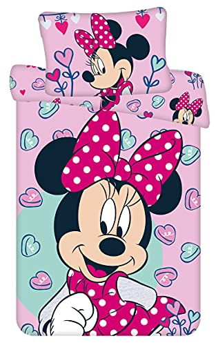 Minnie Maus Ropa de cama infantil Minnie Pink con corazones 100 x 135 cm, edredón de 40 x 60 cm, almohada 100% algodón