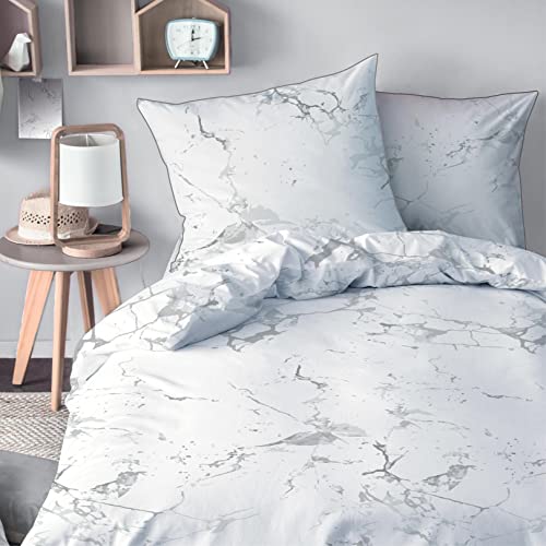 MTOnlinehandel TRAUMHELDEN - Juego de ropa de cama (135 x 200 cm, algodón, aspecto de mármol, funda de almohada de 80 x 80 cm, funda nórdica de 135 x 200 cm), color blanco y gris