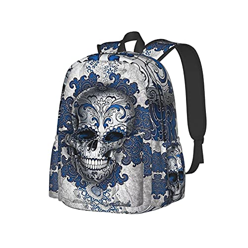 FJAUOQ Mochila de 17 pulgadas con calavera mexicana azul, mochila para portátil, bolso de hombro, mochila escolar, mochila informal
