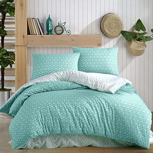 Vency Puzzle Ropa de cama de 135 x 200 cm, color turquesa, transpirable, juego de cama con 1 funda nórdica de 135 x 200 cm y 1 funda de almohada de 80 x 80 cm, ropa de cama blanco y turquesa