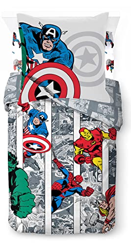 Marvel Comics Cool - Juego de cama de 3 piezas de 135 x 200 cm, funda nórdica y sábana bajera de 90 x 200 cm y funda de almohada de 80 x 80 cm