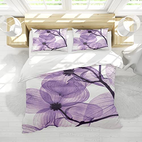 Purple Unique Flower Comforter Cover Set Romantic Bedcolch Cover con Cierre de Cremallera y Corbatas de Esquina Juego de Cama Favorito de la Mujer 260x220cm