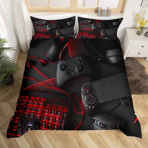 Loussiesd Juego de ropa de cama negro de Gamepad, 155 x 220 cm, para jóvenes y adolescentes, juego de funda nórdica con diseño moderno de gamer, color negro y rojo