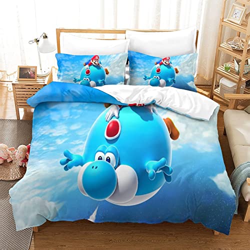 Funda Edredón 3D con Super Mario Bros Estampado para Niños Y Adultos Funda Nórdica De Suave Transpirable Microfibracon Cremallera Y Fundas De Almohada Juego De Ropa DeDouble（200x200cm）