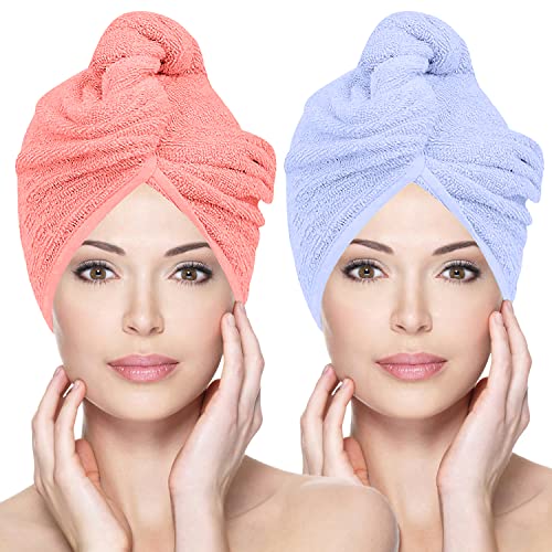 Glamza Toalla de microfibra para el cabello con turbante de giro súper absorbente con botones para cabello de secado rápido (paquete de 2 unidades, grande), rosa y azul
