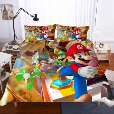 Juego de ropa de cama 3D Super Mario Bros, divertido juego de cama para niñas y niños (140 x 210 cm)