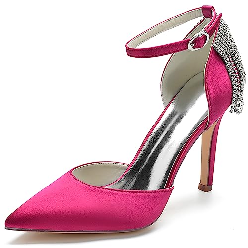 BTNCL Correa de Tobillo para Mujer Tacones Altos Pumps Satén Elegante Puntiagudo Stilettos 10CM Zapatos de tacón Zapatos de Oficina,Barbie Pink,38 EU