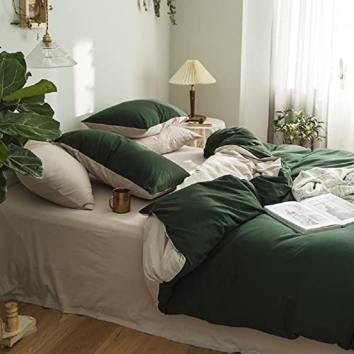 CoutureBridal Ropa de cama reversible de 155 x 220 cm color verde oscuro y crema lisos de microfibra funda nórdica de 135 x 200 cm con cremallera para cama individual y funda de almohada de 80 x 80 cm