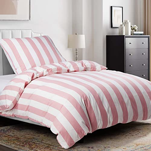 Hengwei Ropa de cama de 135 x 200 cm, 100 % algodón, transpirable, acogedor, para alérgicos con cremallera, funda nórdica de 135 x 200 cm y funda de almohada de 80 x 80 cm, rayas rosas