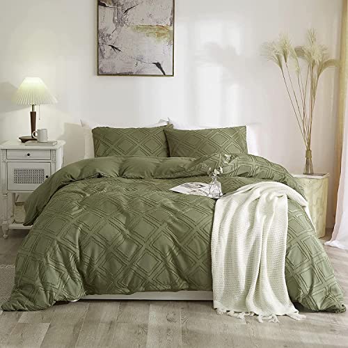 Freyamy Ropa de cama de 220 x 240 cm, color verde oliva con mechones, bordado bohemio, geométrico, bohemio, moderno, chic, microfibra, funda nórdica con cremallera y 2 fundas de almohada de 80 x 80