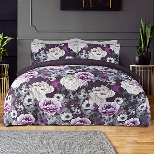 Sleepdown Purple Inky-Funda de edredón Reversible, diseño Floral, Algodón, Morado, Matrimonio Grande