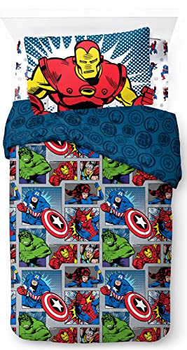 Jay Franco Marvel Comics Fighting Team - Juego de ropa de cama infantil 100 % algodón, 135 x 200 cm, funda nórdica y funda de almohada de 50 x 70 cm