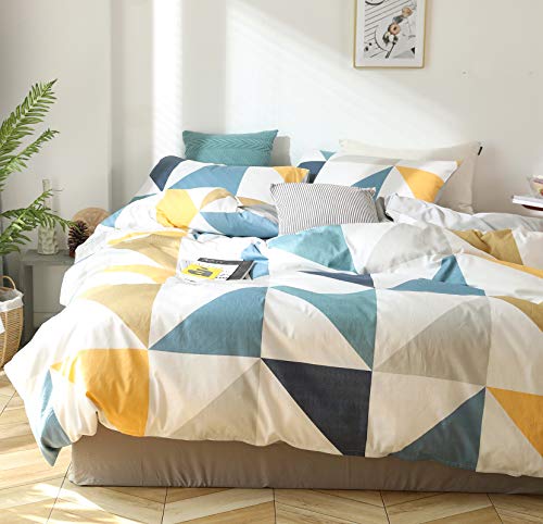 GETIYA Moderno juego de cama 100 % algodón suave 200 x cm, diseño geométrico con triángulos y cuadros en amarillo, funda edredón reversible diamantes 2 fundas almohada 80