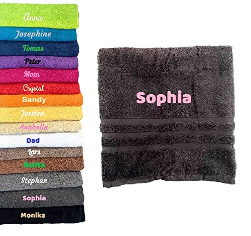 Toalla de baño personalizada con nombre bellamente bordado, toalla personalizada de 140 x 70 cm, toalla de baño (gris oscuro)