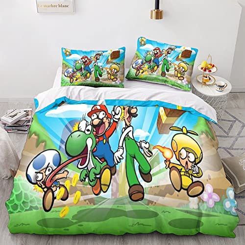 Super Mario Bros Funda Nórdica De MC De 3 Piezas, Juego De Cama De Juegos Impreso En 3D, Fundas De Almohada, Cremallera, Microfibra, para Adultos Y Niños Double（200x200cm）