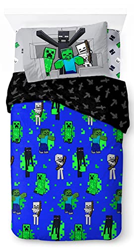 Minecraft con El Creeper Luchador Juego de Ropa de Cama infantil 3 Piezas 100% Algodón Cama Individual - Incluye Funda Edredon 135x200cm + Sabana Bajera 90x200cm + Funda de Almohada 50x70cm