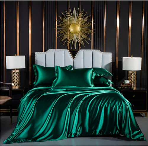 Funda nórdica de 220 x 240 cm, color verde oscuro satinado, juego de cama liso, 2 personas, juego de cama moderno y liso, con cremallera y 2 x 65 x 65 cm, fundas de almohada