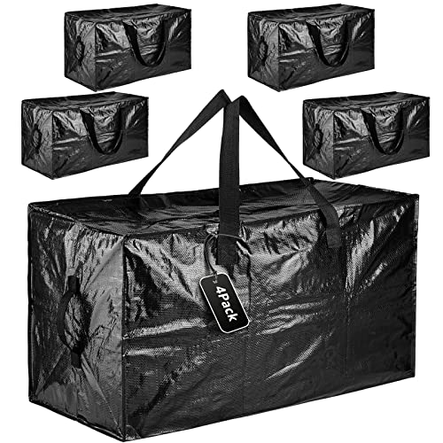 Paquete de 4 cajas móviles de 110 L, grandes, fuertes con tapa, resistente al agua, caja de almacenamiento para mudanzas, bolsas de lavandería con cremalleras, edredón, negro (negro)