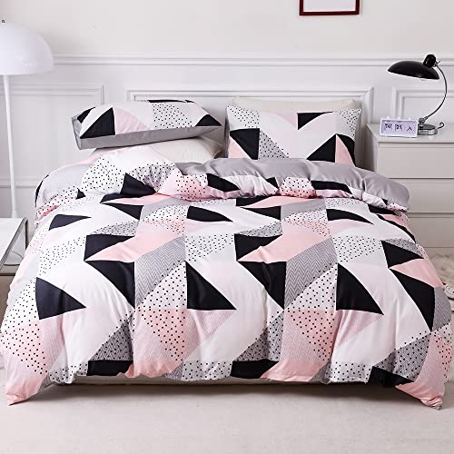 OLDBIAO Juego de ropa de cama de 200x220 cm, juego de 3 unidades, diseño geométrico rosa y negro, con triángulo a cuadros, funda nórdica y 2 fundas de almohada de 80x80 cm, con cremallera