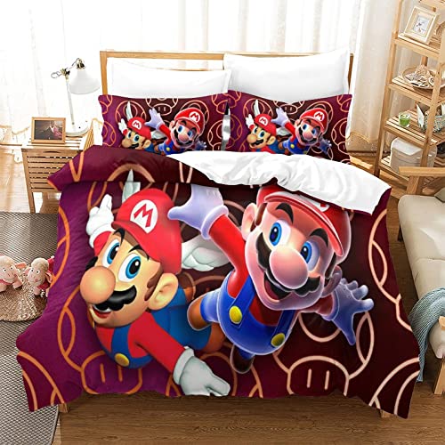 Funda Nórdica Super Mario Bros Estampado Motivo Juego De Ropa De con Funda Edredón Y Fundas De Almohada Ropa De Cama De Suave Acogedora con Cremallera Hipoalergénica MicrofibraconKing（220x240cm）