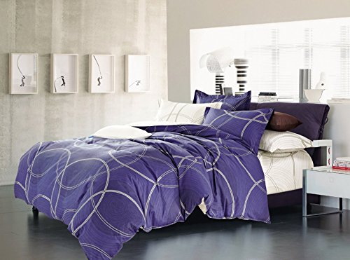 DecoKing Ropa de Cama 135x200 1 Funda de la Almohada 80x80 Renforcé Funda Nórdica Sábanas Cobija 100% Cotone Cremallera Diamond Collection Circles Violeta Oscuro Morado Blanco