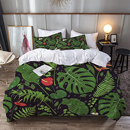 Bedding Juego de Funda de Edredón,Coloridas Hojas Tropicales amazónicas Flores y Gotas de Lluvia Que Caen sobre el,Microfibra Funda de Nórdico y Fundas de Almohada Cama 150 x 200cm + Almohada 63X63cm