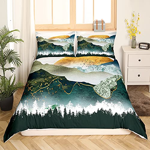 Ukiyoe - Juego de ropa de cama de estilo japonés con estampado de montañas, bosque, para niñas, adolescentes, puesta de sol japonés, ropa de cama doble