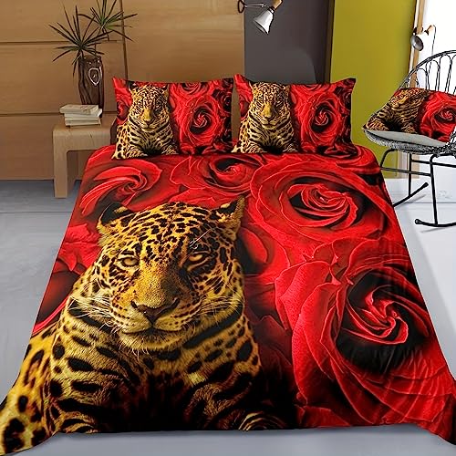 AMCYT Juego de funda de edredón de 3 piezas con estampado de leopardo rosa rojo, funda de edredón suave y cómoda, para dormitorio, habitación de invitados (leopardo, 135 x 200 cm/80 x 80 cm)