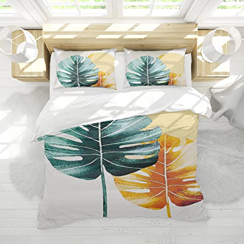 Wewoo Home Tropical Plant Leaves Funda de edredón Clean Full Size Bedding 3 Pieces Set Warm Breathable Microfiber Comforter Cover Green Yellow Bed Set 260x240cm
