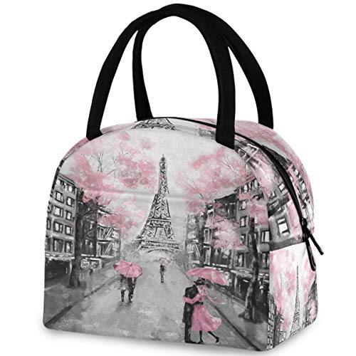 Elegante bolsa de almuerzo reutilizable con diseño romántico de la Torre Eiffel de París con bolsillo frontal con cierre de cremallera, bolsa aislante para refrigerador para hombre, mujer, trabajo, pi