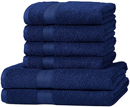 Amazon Basics - Juego de toallas (colores resistentes, 2 toallas de baño y 4 toallas de manos), Azul Real