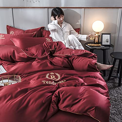 Funda nórdica y Funda de Almohada Vino tinto, juego de cama bordado de seda satinada de lujo, fundas de almohada de sábanas planas de ropa de cama para dormitorio apartamento 220*240 cm (4 uds)