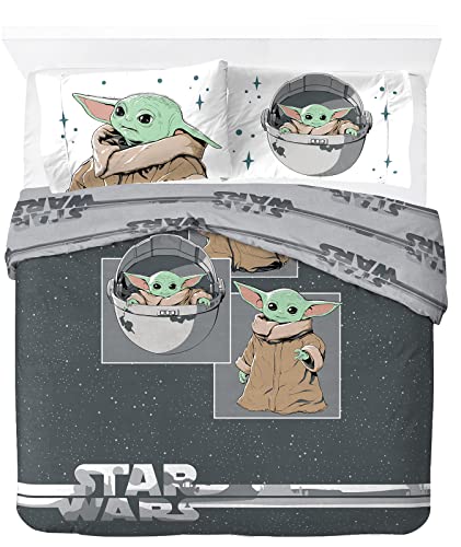 Jay Franco Star Wars The Mandalorian Curious Child - Juego de funda de edredón de 100 % algodón, incluye 2 fundas de almohada