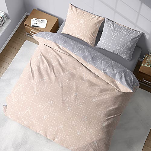 Juego de cama con funda nórdica de 260 x 240 cm y 2 fundas de almohada de 63 x 63 cm para cama para 2 personas, geométrica, rosa y gris, 100% algodón